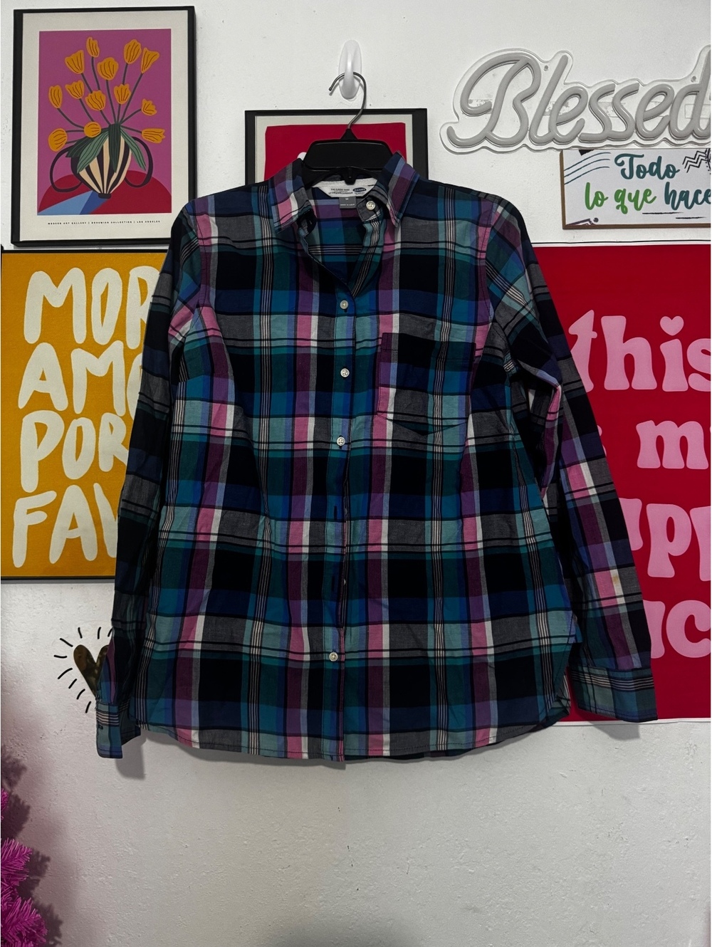 Old Navy Classic Plaid Button-Up Shirt, Medium, 100% Cotton